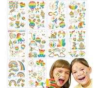 Qpout 10 Sheets Glitter Rainbow Temporary Tattoos,Butterfly Heart Flower Rainbow Flag Body Art Sticker,100+ Shiny Face Tattoos for Birthday Party Pride Equality Parades Celebrations