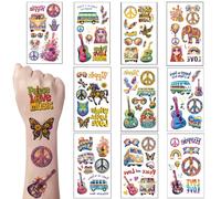 Qpout 10 Sheets Hippie Temporary Tattoo Tickers Groovy 70s 80s 90s for Girls and Boys, Waterproof Love and Peace Sign Luminous Face Stickers Flower Power Rainbow Hippie Theme Party Supplies