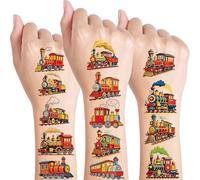 Qpout 10 Sheets Train Temporary Tattoos for Kids Birthday Party Supplies, Steam Train Railroad Themed Stickers, Classroom Rewards, Carnival Prizes, Vintage Cartoon Decorations Gifts for Boys Girls