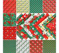 Qpout 10pcs Christmas Cotton Linen Fabric Patchwork, 9.8" x 9.8" (25cm x 25cm) Multi-Color Xmas Quilting Craft Fabric Bundles, Snowflakes Bells Fat Squares Patchwork For DIY Sewing