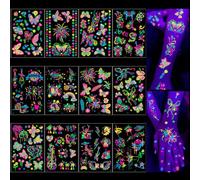 Qpout 12 Sheets Glow in The UV Temporary Tattoos Neon Music Butterfly Flower Fluorescence Flash Fake Tattoo Stickers for Women Face Body Art Rave Festival Dancing Party Decorations Supplies