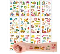 Qpout 12 Sheets Summer Beach Temporary Tattoos for Kids Adults, Watercolor Tropical Hawaiian Stickers, Flamingo Pineapple Watermelon Party Favors, Beach Birthday Party Supplies
