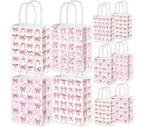 Qpout 12pcs Pink Bow Party Favor Bags with Handle,Cute Bow Knot Snack Goodie Candy Treat Gift Bag for Girls Birthday Tea Party Bridal Engagement Baby Shower Wedding