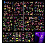 Qpout 13 Sheets Glow in The UV Temporary Tattoos Neon Music Disco Guitar Fluorescence Flash Fake Tattoo Stickers for Women Men Face Body Art Rave Festival Dancing Party Decorations Supplies