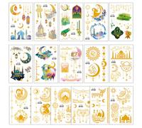 Qpout 16 Sheets Eid Al Adha Ramadan Temporary Tattoos,Glitter Moon Star Design Fake Tattoo Stickers,Kareem Mubarak Islamic New Year Party Decorations Supplies Favors