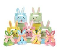 Qpout 24 Pack Easter Bunny Treat Boxes with Handle, Rabbit Ears Cardboard Favor Basket Containers for Easter Party Favors, Classroom Goody Bags, Spring Candy Cookie Gift Box Decorations Supplies