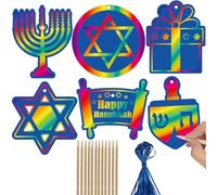 Qpout 24 Pack Hanukkah Scratch Art Hanukkah Scratch Paper Art Hanging Craft Set Magic Rainbow Scratch Off Cards for Kids Gifts Hanukkah Themed Party Favors School Home Activity（Blue