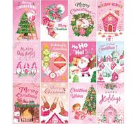 Qpout 24 Packs Pink Christmas Greeting Cards with Envelopes and Adhesive Stickers,Cute Retro Santa Xmas Holiday Card Bulk for Blessing Merry Christmas Holidays Party Favor Supplies