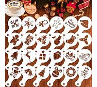 Qpout 24pcs Merry Christmas Cookie Coffee Stencil Baking Templates, Reusable Washable Cake Candy Drawing Templates, Snow Gingerbread Man Dessert Decorating Painting Tools Spray Mold