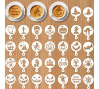 Qpout 30Pack Halloween Cookie Coffee Stencil Baking Templates, Reusable Washable Cake Candy Drawing Templates, Trick or Treat Skull Ghost Spider Dessert Decorating Drawing Mold Spray Tools