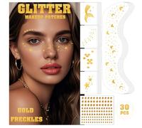 Qpout 30PCS Glitter Freckles Face Tattoo,Gold Sparkle Temporary Tattoos and Gem Stickers Glow Up Makeup Patches for Women Girls Concert Festival Rave Halloween(Style A