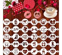 Qpout 30pcs Valentine's Day Coffee Stencils, 2.14 Valentines Cappuccino Latte Cake Fondant Dessert Cookie Biscuit Decoration Embossing Mold, Plastic Baking Templates for Wedding Anniversary