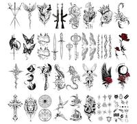 Qpout 32 Sheets Black Temporary Tattoos for Adults,Waterproof Realistic Sexy Pirates Flowers Butterfly Fake Tattoo Stickers for Women Men Arm Body Art Black Halloween Party Favors Supplies