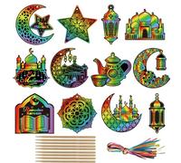 Qpout 36 Packs Ramadan Scratch Paper Art Kit,Eid Mubarak Magic Rainbow Scratch Off Cards Hanging Ornaments Craft for Eid Holiday Party Favor Supplies Classroom Activity DIY Paper Craft