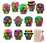 Qpout 48pcs Day of The Dead Crafts for Kids,Dia De Los Muertos Magic Rainbow Sugar Skull Scratch Paper Art Cards for Halloween School DIY Activity Luau Games Favor Supplies