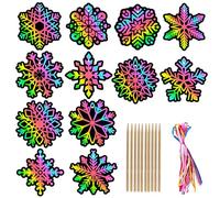 Qpout 48Pcs Snowflake Scratch Art Card,Magic Rainbow Paper Hanging Wonderland Decorations Ornaments for Winter Xmas Party Favor Supplies School DIY Crafts Activity