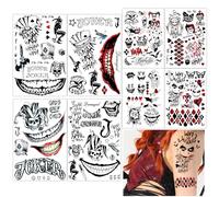 Qpout 8 Large Sheets Joker Temporary Tattoos,Scary Clown Halloween Cosplay Fake Tattoo Stickers Perfect for Men Women Adults Masquerade Party Makeup Accessories