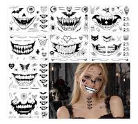 Qpout 8 Sheets Halloween Horror Face Temporary Tattoos,Scary Skeleton Big Mouth Devil Spider Web Scar Face Fake Tattoo Stickers for Adults Zombie Makeup Cosplay Accessories