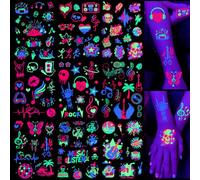 Qpout 9 Sheets Glow in The UV Temporary Tattoos Neon Music Disco Guitar Fluorescence Flash Fake Tattoo Stickers for Women Men Face Body Art Rave Festival Dancing Party Decorations Supplies