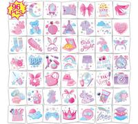 Qpout 96Pcs Sleepover Party Temporary Tattoos for Girls Movie Night Goodie Bag Favors 48 Styles Cute Slumber Pajama Themed Tattoos Stickers for Kids Girls Women Pink Bday Party Favors Supplies
