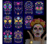 Qpout Day of The Dead Face Temporary Tattoos,9 Sheets Glow UV Neon Sugar Skull Skeleton Fake Tattoos for Día de Los Muertos Makeup Masquerade Cosplay Halloween Party Supplies