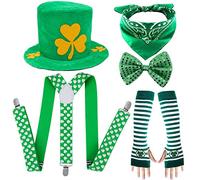 Qpout St. Patrick’s Day Costume Accessories, Leprechaun Shamrock Hat, Suspender, Striped Arm Warm Gloves, Green Bow Tie And Square Scarf, for Kids Women Men St. Patrick’s Day Party Favor Decoration