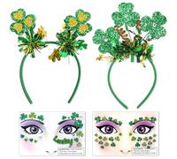 Qpout St. Patricks Day Costume Accessories,2pcs Irish Headband Sequin Headwear Hair Hoop and 2pcs Glitter Green Shamrock Eye Face Gems Tattoos for St.Patrick's Day Party Parade Decorations