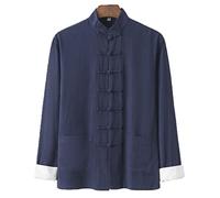 QPZK Cotton Linen Tai Chi Uniform Tang Suit Men Hanfu Chinese Traditional Clothing Martial Arts Clothes Kung Fu Uniform Breathable Long Sleeved Coat Tops Shirt Jacket blue1-4XL