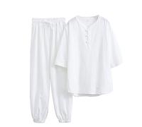 QPZK Cotton Linen Tai Chi Uniform Women Martial Art Set Tang Suit Short Sleeve Pants, Chinese Traditional Clothing Kung Fu Clothes Zen Meditation Uniform Breathable Tops White-M