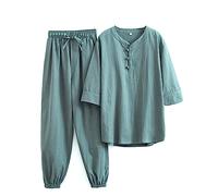 QPZK Cotton Linen Tai Chi Uniform Women Martial Art Set Tang Suit Short Sleeve Pants, Chinese Traditional Clothing Kung Fu Clothes Zen Meditation Uniform Breathable Tops green-3XL