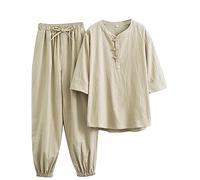 QPZK Cotton Linen Tai Chi Uniform Women Martial Art Set Tang Suit Short Sleeve Pants, Chinese Traditional Clothing Kung Fu Clothes Zen Meditation Uniform Breathable Tops yellow-M