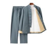 QPZK Men Cotton Linen Kung Fu Suit Martial Arts Meditation Suit Double Layer Shirt Pants Outfit 3 Piece Set Taichi Uniform Chinese Traditional Clothing Tang Suit (4XL,Green)