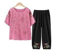 QPZK Women's Tang Suit Hanfu Chinese Traditional Clothing, Adult Older Tai Chi Uniform for Women Martial Arts Kung Fu Clothing Short Sleeve Coat and Trousers Pink-XL