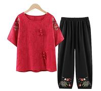 QPZK Women's Tang Suit Hanfu Chinese Traditional Clothing Adult Older Tai Chi Uniform for Women Martial Arts Kung Fu Clothing Short Sleeve Coat and Trousers Red-XL