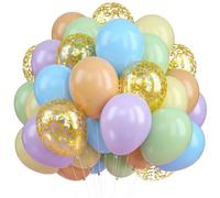 QQ Pastel Balloons, Pack of 60, 12 Inch Macaron Blue Green Pink Purple Yellow Balloons with Gold Confetti Balloon, Pastel Rainbow Multicoloured Assorted Balloons for Birthday Baby Shower Wedding Party