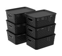 Qqbine Set of 6 Plastic Lidded Storage Shelf Baskets, Stackable Storage Basket with Lid, Black