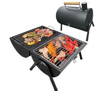 QQdou Charcoal BBQ Grill, Camping Portable With Offset Smoker, Small Oil Drum Barbecue with Cooking Grill, Air Vents and Baking Sheet, Ideal for Beach, Caravan, Garden, Party Barrel Barbeque-Black