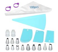 QQdou Piping Bags and Nozzles, 100Pcs 12 Inch Pastry Bags, 1 Reusable Icing Piping Bag, 3 Cake Scraper, 12 Frosting Nozzles, 2 Couplers, 2 Bag Ties, for Cake Cupcake Dessert Cookies Decoration(A)
