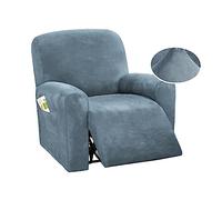 QQJIN Velvet Recliner Chair Cover with Side Pocket, 4 Piece Non Slip Recliner Cover, 1 Seat Stretch Recliner Protector Form Fitted Thick Soft Washable for Living Room, Pet, Kids,Gray Blue