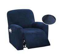QQJIN Velvet Recliner Chair Cover with Side Pocket, 4 Piece Non Slip Recliner Cover, 1 Seat Stretch Recliner Protector Form Fitted Thick Soft Washable for Living Room, Pet, Kids,Navy blue