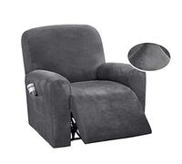 QQJIN Velvet Recliner Chair Cover with Side Pocket, 4 Piece Non Slip Recliner Cover, 1 Seat Stretch Recliner Protector Form Fitted Thick Soft Washable for Living Room, Pet, Kids,Grey