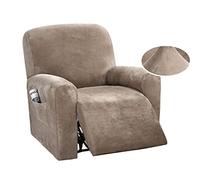 QQJIN Velvet Recliner Chair Cover with Side Pocket, 4 Piece Non Slip Recliner Cover, 1 Seat Stretch Recliner Protector Form Fitted Thick Soft Washable for Living Room, Pet, Kids,Taupe