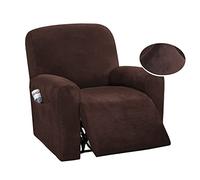 QQJIN Velvet Recliner Chair Cover with Side Pocket, 4 Piece Non Slip Recliner Cover, 1 Seat Stretch Recliner Protector Form Fitted Thick Soft Washable for Living Room, Pet, Kids,Brown