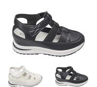 QQLADY 2024 New Women's Hollow Out Breathable Platform Wedge Sandals Sneakers Leather Closed Toe Comfortable Casual Stylish Roman Sandals (Black,EU-42)