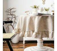 QQLADY French Simple Ruffle Tablecloth Cotton Linen Table Cover Round Tea Table Literary Retro Party Decoration