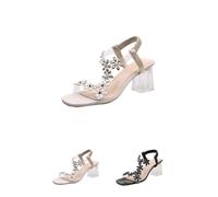 QQLADY Women's Flower Rhinestone Block Heel Sandals,Elastic Ankle Strap Square OpenToe Heels,Crystal Chunky Heel Shoes for Party (White,6)