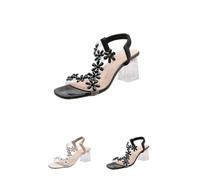 QQLADY Women's Flower Rhinestone Block Heel Sandals,Elastic Ankle Strap Square OpenToe Heels,Crystal Chunky Heel Shoes for Party (Black,6)