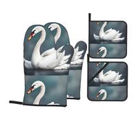 QQOUPP Beautiful White Swan Printed Kitchen baking four-piece set Includes 2 Insulated Gloves and 2 Pot Lid Pads with Pockets anti-scalding and heat-insulating