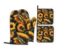 QQOUPP Blessed to Be Called Sunflower Printed Kitchen baking four-piece set Includes 2 Insulated Gloves and 2 Pot Lid Pads with Pockets anti-scalding and heat-insulating