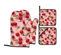 QQOUPP Chilean Cherries Printed Kitchen baking four-piece set Includes 2 Insulated Gloves and 2 Pot Lid Pads with Pockets anti-scalding and heat-insulating